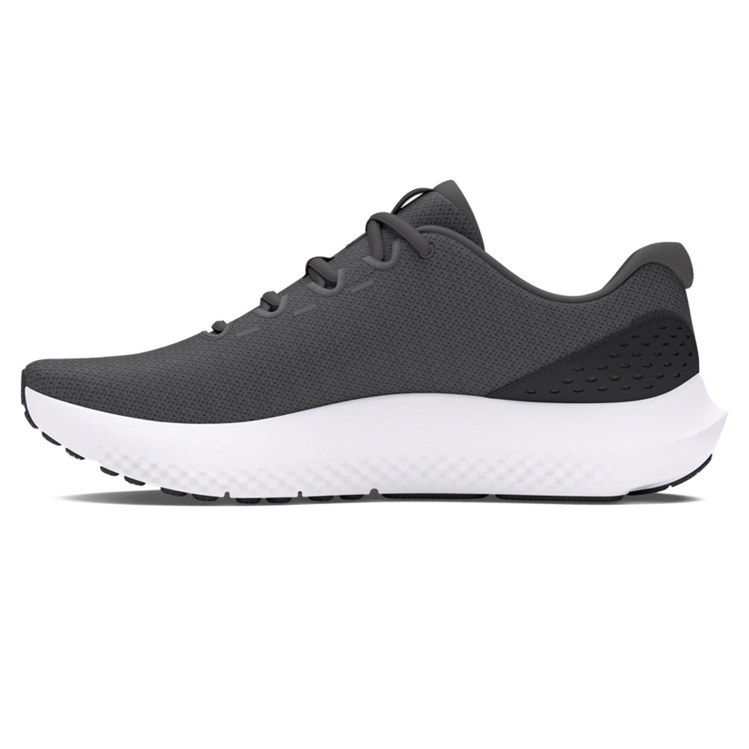 A modern gray running shoe with a sleek design featuring a white midsole and textured upper for breathability.
