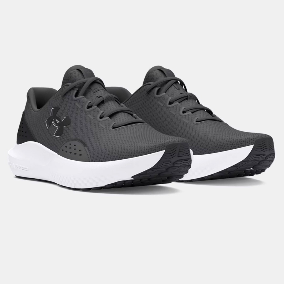 A pair of gray athletic shoes with black accents and a white sole, designed for comfort and performance.